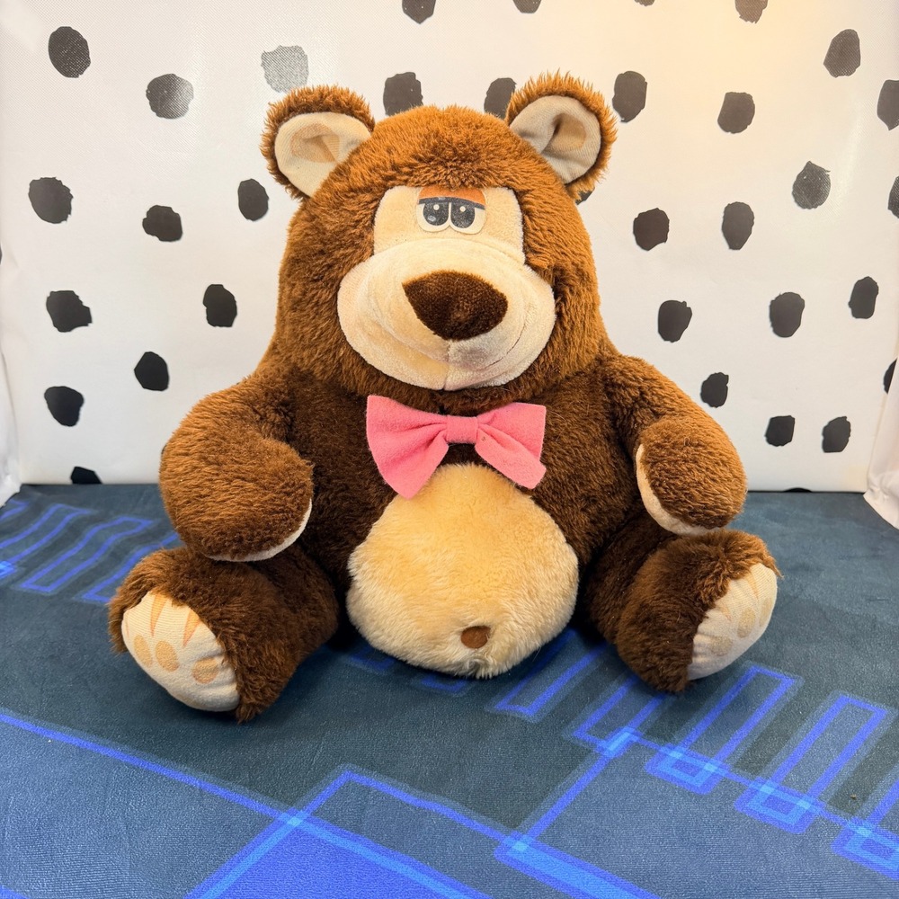 Vtg 1981 Well-Made Toy Corp Brown Bear Plush Pink Bow Belly Button Taiwan 14"
